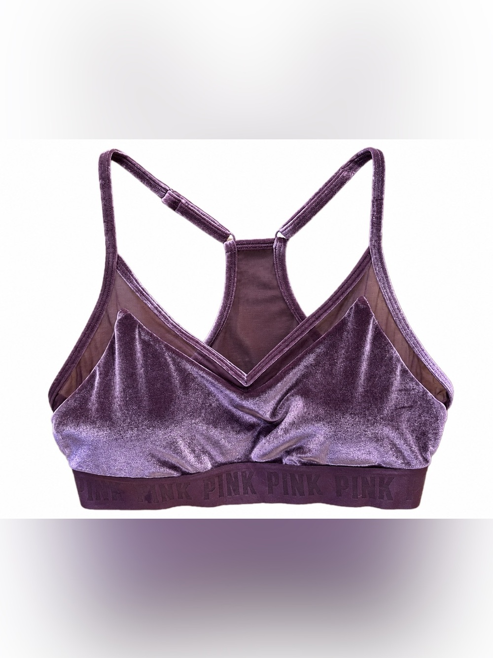 PINK Victoria’s Secret Velvet Bralette Purple Racerback Wireless Bra Size Large